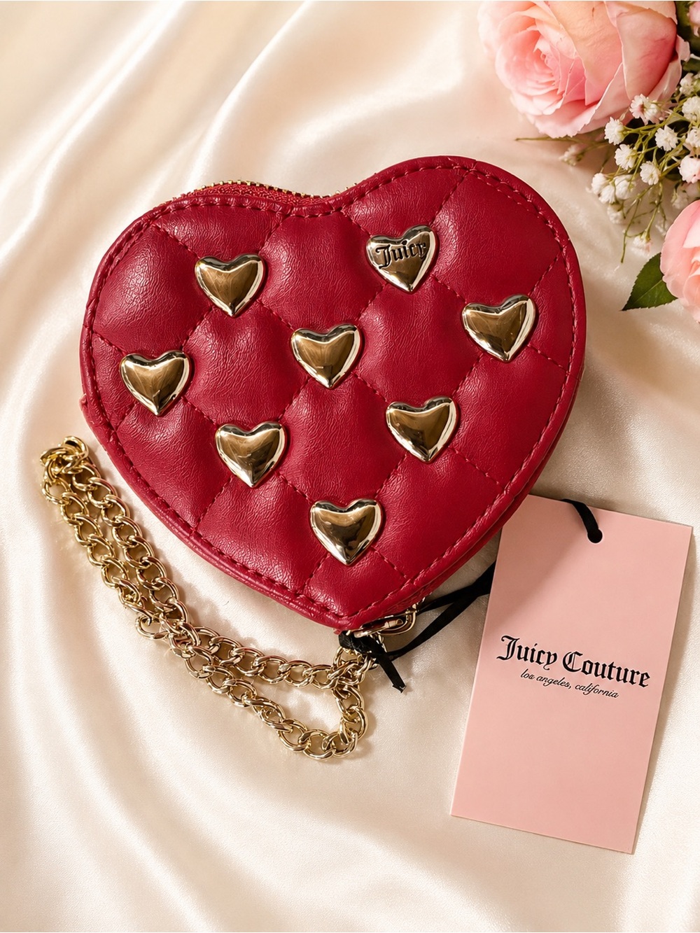 NWT Juicy Couture Red Heart-Shaped Quilted Crossbody with Gold Heart Studs Y2K